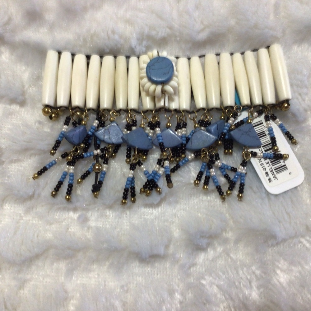 NEW Shiraleah Janelle Beaded Dangle Statement Bracelet Cream Blue Boho